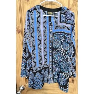 Bob‎ Mackie Wearable Art Tunic Top L Blue Black Floral Geometric Button Front